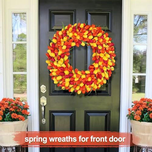 Realistic Tulip Wreaths for Front Door Floral Door Wreath for Spring Summer Fall Decor for Outdoor Indoor Window Wall Front Porch Farmhouse Home Easter Thanksgiving 22" Red Orange Yellow - Image 6
