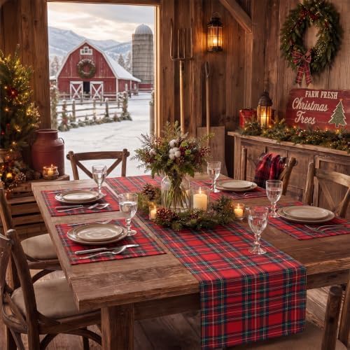 7 Pcs Christmas Tartan Plaid Table Runner and Placemat Set, Red - Image 6