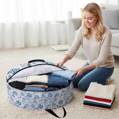 Water Blue Coral Round Storage Bag 24 Inch, Summer Shell Starfish Marine Life Clothes Storage Container with Handles Heavy Duty Organizer for Comforter, Bedding & Holiday Wreaths - Image 3