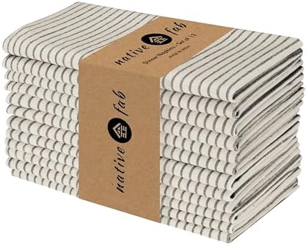 Native Fab Cloth Napkins 18x18 inches, 100% Cotton Vintage Stripped Dinner Napkins, Set of 12, Soft Breathable Absorbent, Machine Washable Cloth Napkins, Black Beige by NativeFab