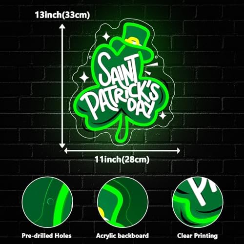 St Patrick's Day Neon Sign, Lucky Clover Happy St Patrick's Day Led Neon Light Signs for Wall Decor Party Favor Green Lucky Leaf Sign for Arbor Day Store Decorations Gift Dimmable USB Powered - Image 3