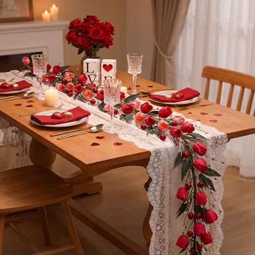 Suncalla 6 ft Valentine Day Garland with Rose Tulips Flowers Heart Berries - Image 5