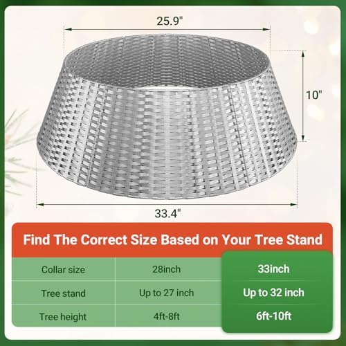 ELYKEN Silver Christmas Tree Collar, 33 Inch Woven Xmas Tree Skirt Cord Cut-Out - Protects Tree Base from Pets, Stylish Holiday Tree Skirt Alternative, Round Tree Ring for Christmas Tree Decor - Image 3