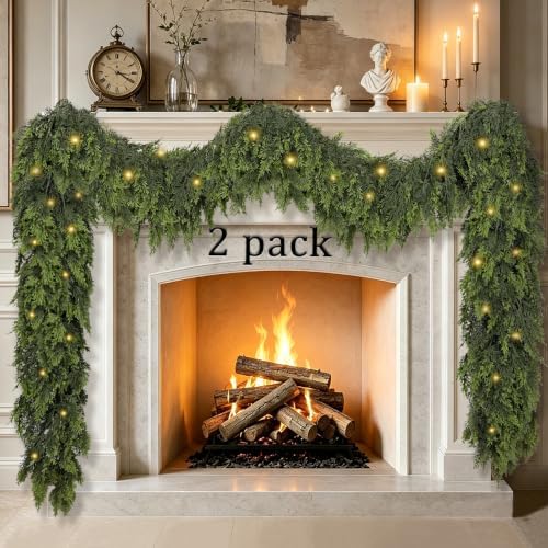 2 Pcs 9Ft Christmas Cedar Garland with Lights Christmas Decorations, Real Touch Soft Lush Green Pine Cedar Garland for Mantel Front Door Porch Fireplace Stairs Table Outdoor Indoor Holiday Home Decor by Unknown
