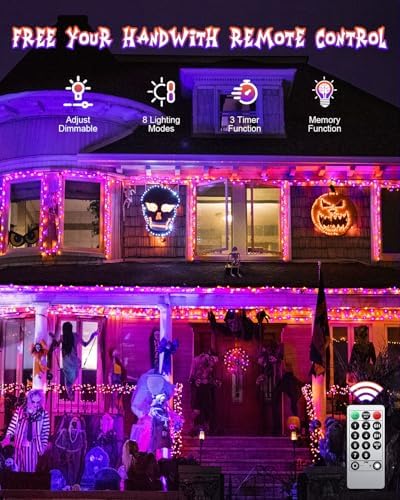 2Packs 380 LED Halloween Lights, Each 125FT String Lights 8 Lighting Modes & Timer Memory, Outside Waterproof Strings Lights for Trees Gardens Yard Holiday Decorations, Purple and Orange - Image 3