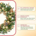 28 Inch Lighted Christmas Wreath with 50 Warm White LEDs and Timer, Battery Operated Pre-Lit Artificial Wreath with Pinecones, Ornaments and Gold Leaves for Front Door - Image 2