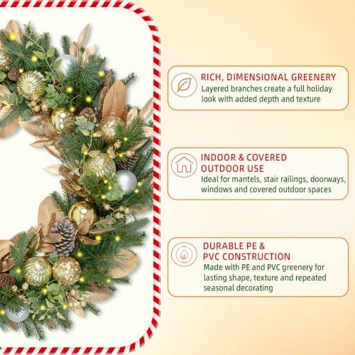 32 Inch Lighted Christmas Wreath with 60 Warm White LEDs and Timer, Battery Operated Pre-Lit Artificial Wreath with Pinecones, Ornaments and Gold Leaves for Front Door - Image 2