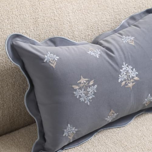 BlissBlush Long Lumbar Pillow Cover 14x36 for Bed, Coastal Blue Velvet Decorative Lumbar Pillow Cover with Scallope Edge, Dusty Blue Floral Embroidery Accent Cushion Cover for Couch Sofa, Cover ONLY - Image 7