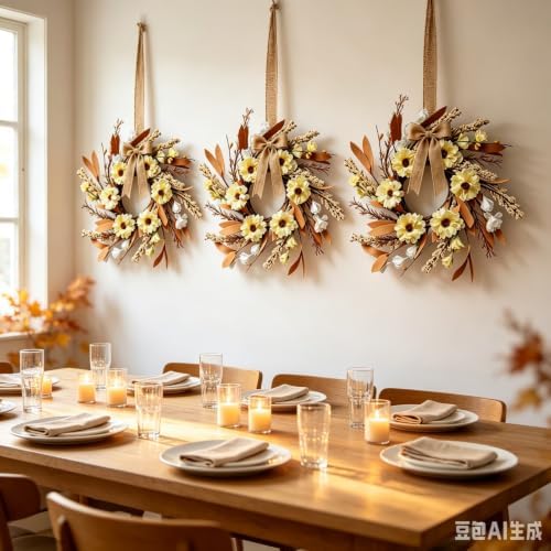 6 Pcs Small Fall Hanging Wreaths with Artificial Autumn Daisy Flowers Brown Leaves Wheat Sprigs Burlap Bow Mini Cabinet Wreath for Home Table Centerpieces Kitchen Farmhouse Thanksgiving Harvest Decor - Image 3