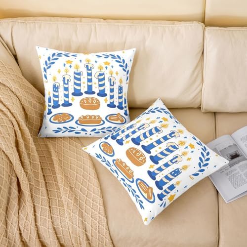 Erosebridal Blue Hanukkah Decorations Throw Pillow Covers 24X24 Set of 2 for Couch Bed Sofa Decor, Festival Holiday Pillow Covers, Menorah Seasonal Star Decorative Cushion Cases - Image 2