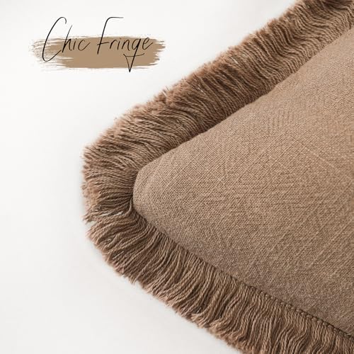 Foindtower Decorative Linen Fringe Throw Pillow Covers 22×22 Khaki Brown - Image 3