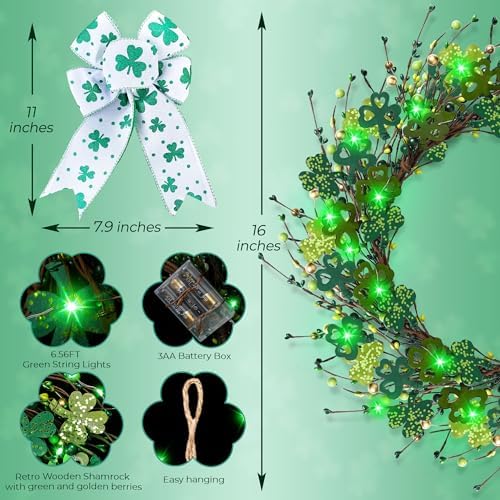 Enhon St. Patrick's Day Decorations, 16in St. Patrick's Day Wreath for Front Door, Lighted Shamrock Clover Wreath with Bow & LED Lights, Waterproof Artificial Spring Decor for Home Porch Wall - Image 2