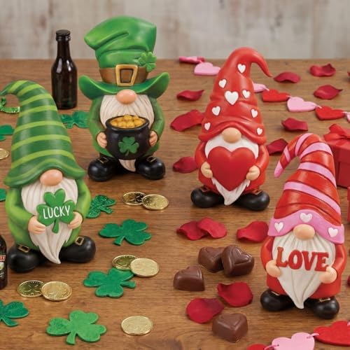 Simgoing 4 Pcs Holiday Gnomes Figurines 2 Valentines 2 St Patrick's Day Gnomes, Resin Love Heart Figurines Lucky Tabletop Decor Holiday Statues Centerpieces for Spring Home Table Tiered Tray Fireplace - Image 4