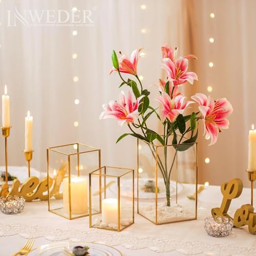 Glass Hurricane Candle Holder: 3 Pcs Gold Large Rectangular Hurricane Candleholder Lantern Centerpieces for Tables Glass Decorative Lantern Candle Holder for Wedding Christmas Home Decor - Image 2