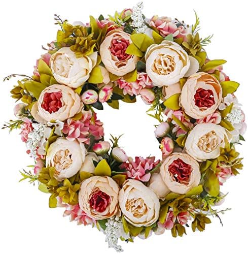 BOMAROLAN Artificial Peony Flower Wreath 19Inch Vintage Blooming Silk Peonies Spring Summer Fall Winter Large Wreaths Flower Green Leaves for Outdoor Front Door Indoor Wedding Wall Or Window Décor by BOMAROLAN