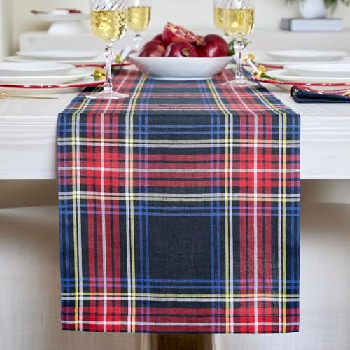 Solino Home 100% Pure Linen Table Runner Black, Stewart Plaid 14 x 108 in by SolinoHome