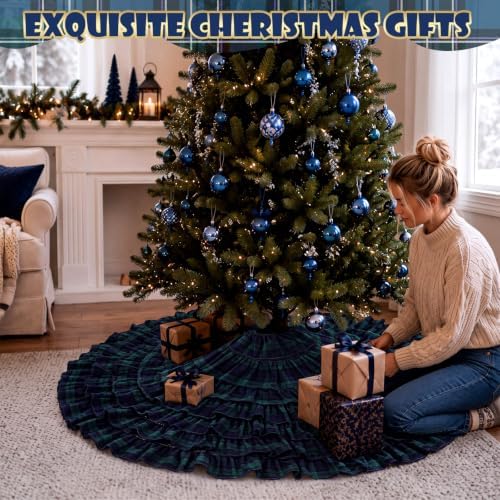 Navy Blue Ruffle Christmas Tree Skirt Tartan Plaid 48 Inch - Image 6