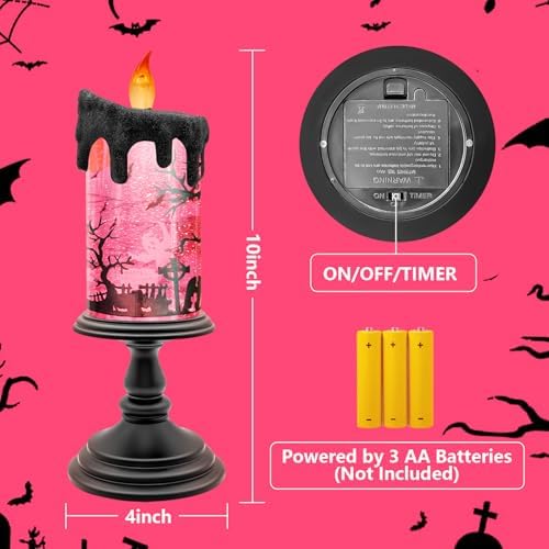 Halloween Snow Globe Candle with Pink Graveyard Scene – LED Flameless Candle with Water Glitter Swirls, Battery Operated Light Up Halloween Decoration for Indoor Tabletop or Mantel - Image 4
