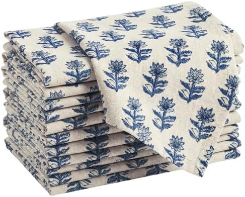Mindsoft Set of 12 Floral Cloth Napkins Blue Linen Cloth Napkins by Mindsoft