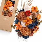 Ling's moment Fake Flowers Box, Faux Artificial Greenery Stems Foam Roses Gardenia Peony Silk Eucalyptus Pampas Fabic Flower for Centerpieces Bouquet Wedding Vase, Orange & Navy, Deluxe Combo by LingsMoment
