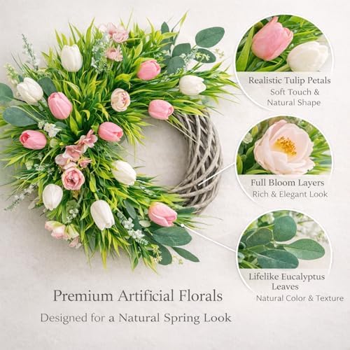 Spring Summer Wreath for Front Door, 24 Inch Artificial Tulip Wreath with Pink White Lavender and Eucalyptus Greenery for Indoor Outdoor Home Farmhouse Wall Decor - Image 3