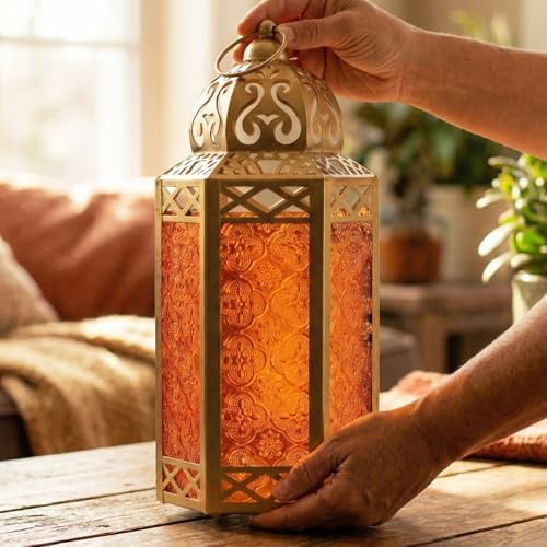 Vela Lanterns 12" Metal Moroccan Decorative Candle Lantern Holders for Hanging or Table, Indoor Home Decor, Outdoor Patio or Porch, Weddings, Gold, Amber Glass, Large - Image 4