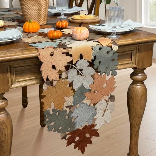 KEVA Fall Table Runner 120inches Long, Autumn Maple Leaves Velvet Table Runner 14x120 inch for Thanksgiving Kitchen Table Decoration, Harvest Embroidered Table Decoration - Image 7