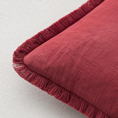 MIULEE Boho Linen Fringe Decorative Throw Pillow Covers Burgundy 18x18 - Image 3
