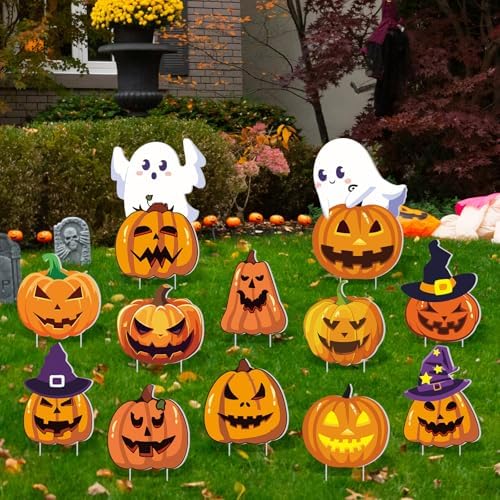 Amyhill 12 Pcs Halloween Pumpkin Ghost Yard Signs with Witch Hats Outdoor by Amyhill