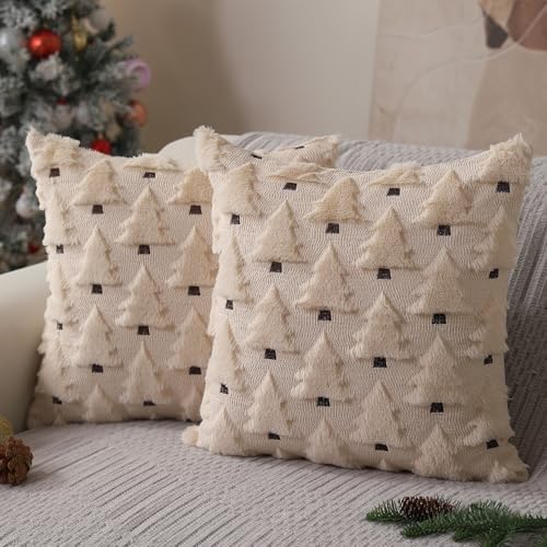 Allorry Christmas Pillow Covers 22x22 inch Set of 2 Christmas Decorations Soft Plush Faux Fur Wool Beige Christmas Tree Throw Pillow Cases Winter Holiday Decor for Sofa Living Room PT002C22 by Allorry