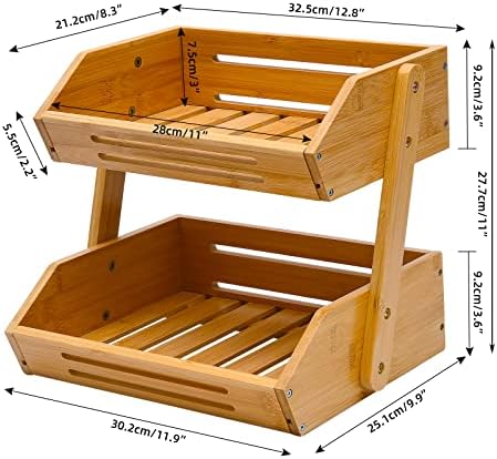 VIKEYHOME 2-Tier Bamboo Fruit Basket - 11" Tall Kitchen Countertop Stand - Image 2