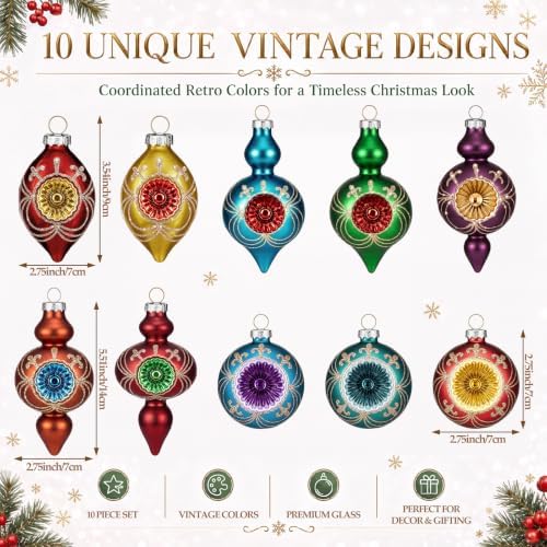 Soulchen 10 Pcs Vintage Glass Christmas Ornaments, Glitter, Retro - Image 3