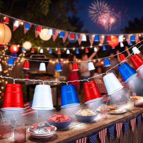 Hiboom 1 Pack 13 ft Red White Blue Shot Cup String Lights for 4th of July by HiboomDecoratingAsseccories