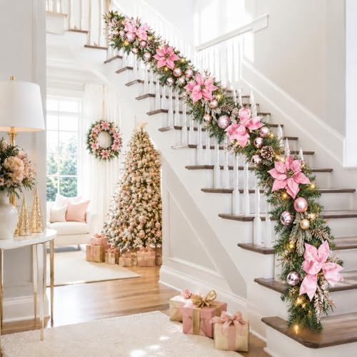 Garvee 6ft Pink Christmas Garland with Lights, Prelit Garland for Mantle - Image 7