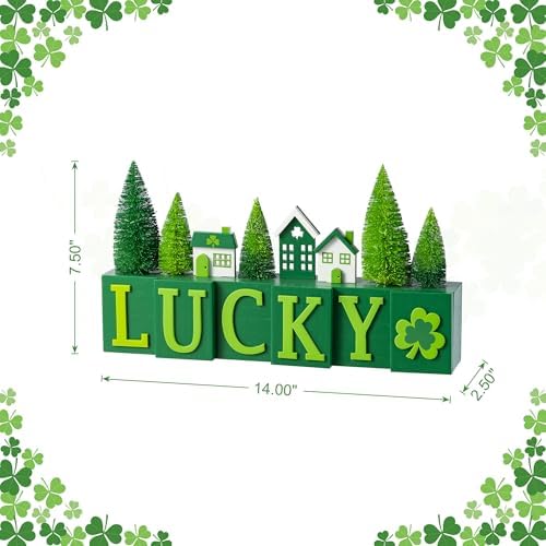 Glitzhome 14"L St. Patrick's Wooden Table Decor, LUCKY Letter Block with Shamrock, Mini House & Brush Trees, Irish Themed Festive Decoration for Tabletop, Mantel & Narrow Shelves Home Accent - Image 2