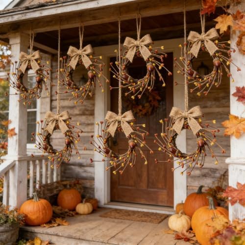 8 Pcs Small Fall Hanging Wreaths with Artificial Acorns Autumn Yellow Orange Berry Buds Mini Cabinet Wreath for Home Table Centerpieces Kitchen Farmhouse Thanksgiving Party Decor - Image 3