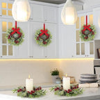 12 Pcs 9 Inch Christmas Artificial Wreaths for Kitchen Cabinet Norfolk Pine Garland with Red Berries Pinecones Wreaths Swags Snowy Pine Candle Rings Holder for Christmas Decorations Table Centerpiece - Image 4