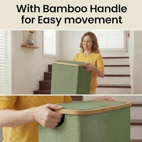 efluky 26 Gal Laundry Basket with Lid and Net Bag, Tall Laundry Hamper with Bamboo Handles, Aesthetic Dirty Clothes Bin for Laundry Room, Bathroom, Bedroom and Dorm, Green - Image 3