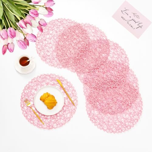 IcosaMro Round Woven Placemats Set of 12 for Dining Table, 15 Inches Paper Boho Decorative Circle Place Mats for Wedding Christmas Thanksgiving Day Holiday Dinner (Pink) by IcosaMro