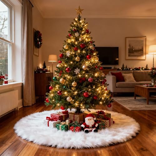 iMucci 48inch 2025 Update Wool Fur White Tree Skirt Small Christmas Tree Skirt Snowy White Plush Velvet Christmas Tree Skirt Holiday Party Decoration - Image 6