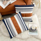 Set of 2 Large Couch Decorative Pillow Covers 26x26 Farmhouse Stripe Pillowcase, Faux Leather Accent Square Cushion Cover for Sofa Chair Bedroom Modern Decor - Image 2