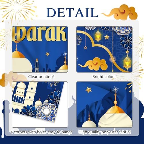 Mocsicka Ramadan Mubarak Decorations Backdrop Blue Gold Muslim Ramadan Kareem Banner Eid Mubarak for Home Muslim Party Supplies (Blue, 8x6ft) - Image 4