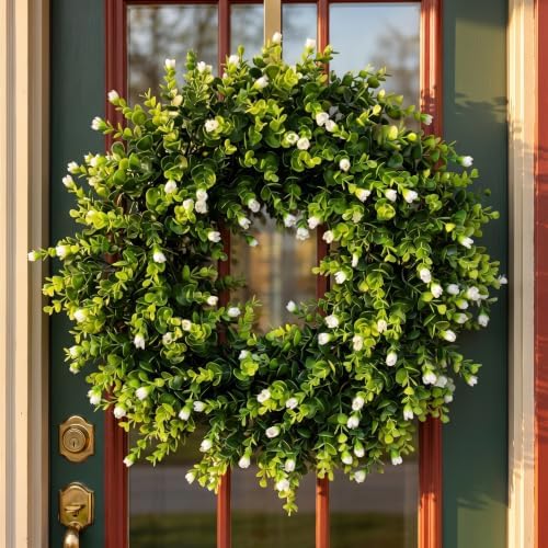 20" Boxwood Wreath for Front Door, Everyday Green Wreath with White Flowers - Image 3