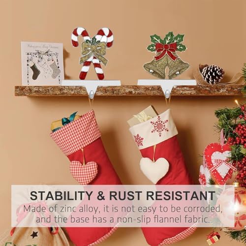 Christmas Stocking Holders for Mantel Set of 5 Reindeer Snowflake Tree Bell Candycane Metal Standing Stocking Hook Silver Sturdy Stockings Hanger for Fireplace Decoration (Set of 5) - Image 4