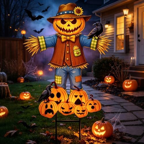 JarThenaAMCS Halloween Scarecrow Metal Garden Stakes, Pumpkin Pile Crow by JarThenaAMCS