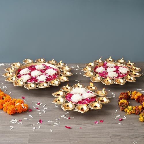 eCraftIndia Set of 3 Golden Metal Handcrafted Decorative Urlis Bowl for Floating Flowers - Diwali Decoration Items for Home Decor- Housewarming, Diwali Gift. by eCraftIndia