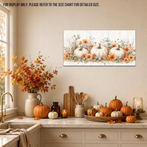 WAXWHELK Pumpkin Fall Canvas Wall Art, White Pumpkins and Orange Flowers Autumn Painting Pictures, Rustic Farmhouse Artwork for Living Room Bedroom Thanksgiving Home Decor (12"x24") - Image 3