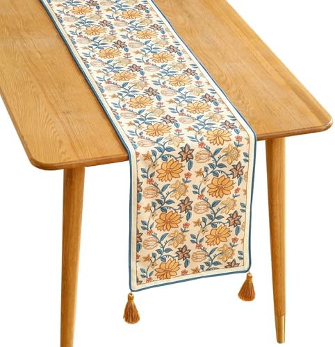 ISAENNE Designer French Linen Table Runner,71"x12"-Estevan B by Isaennehomedecoration