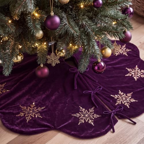 Hollowfly Purple Velvet Christmas Tree Skirt with Sequin Snowflake 48'' by Hollowfly