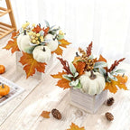 2 Pack Larger Fall Pumpkin Decoration in Wood Box Artificial Pumpkins Tables Centerpieces Faux Gourd Berries Maple Leaves for Autumn Thanksgiving Dining Harvest Mantel Home Indoor Decor by Meching